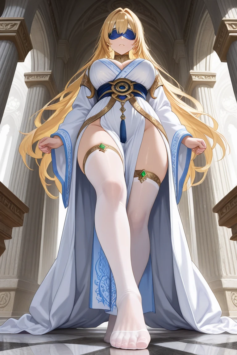 (Highly detailed CG Unity 8k wallpaper, masterpiece, top quality), (sexy woman, natural and seductive posture, long straight blonde hair, cleavage, sheer robes, ancient Greek costume, goddess), (temple altar), one woman, detailed depiction, standing figure, side, pretty face, (see through)