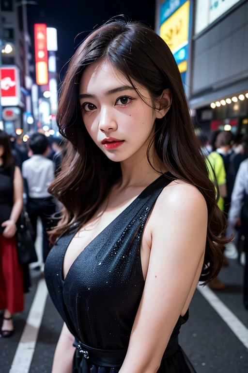 absurdres, RAW photo, extremely delicate and beautiful, masterpiece, Best Quality, ultra high resolution, 16k, hyperrealistic, ultra-detailed, Very detailed CG 8k wallpaper, Beautiful Lighting, Perfect Lightning, Realistic Shadows, perfect anatomy, super Detailed skin, perfect figure, Japanese woman, in her 20s, very Slim body, narrow waist, very small head, handsome detailed woman, very detailed eyes and face, realistic face proportions, Stunning detailed eyes, Realistic beautiful face, very small face, Realistic small beautiful eyes, double eyelids, makeup, tearful mole, mole on chest, earring, bare legs, beautiful and very thin legs, beautiful and very thin thighs, (((very huge round breasts))), short hair, wavy hair, sweat, full body shot, (((((3 girls))))), (((cyberpunk))),
