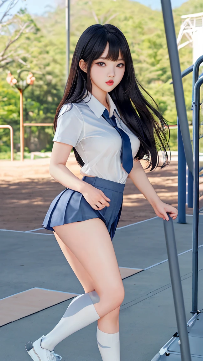 Highest image quality、8K quality、masterpiece、professional writing、（Two women with huge breasts are standing：1.3）、（Super big breasts compressed with clothes：1.2）、Whitening skin、Shining blue eyes、（A tight pure white shirt that completely covers her huge breasts)、Crimson Ribbon Tie、Amazingly short super mini pleated tartan check skirt、(The upper body is hidden by the shirt and no skin is visible.)、(slim waist)、above the knee、Skirtliftv1、(Beautiful butt:1.2)、(Super big breasts straight ahead composition:1.2), (white panties)