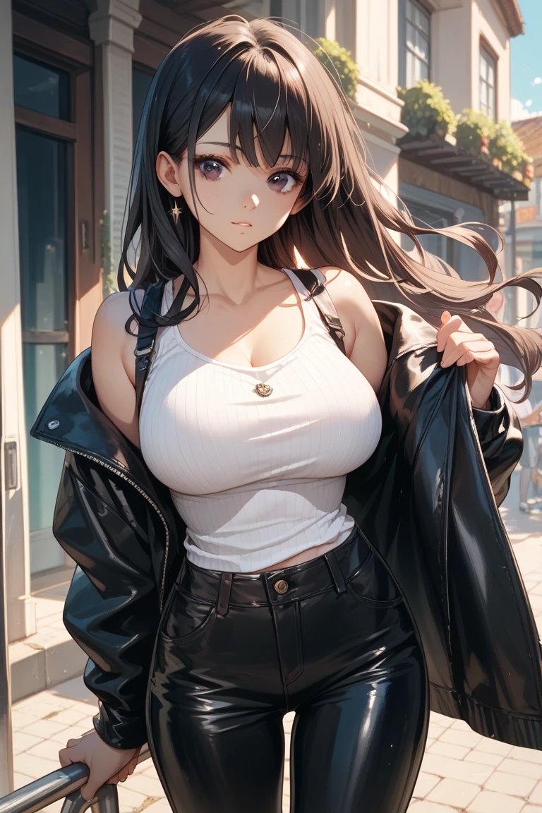 Game , goddess of victory nikke, Rapi , light brown hair, alluring eyes ,beautiful face , crystal red eyes , long hair , women black colour short sleeve cropped top , jeans trousers, leggings,selfie wind, 1 hand bag, cheerful eyes, ,g cup breast, slender waist, bewitching thighs, five fingers each hand, two hand ,two leg , in town, date, standing, beautiful, high heels, night ,light district