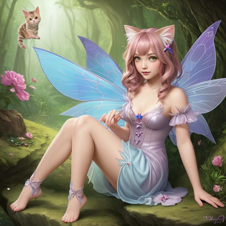a hauntingly beautiful teen emma watson as fairy sitting on a fence in the forest. her vibrant and youthful features create a striking juxtaposition of ethereal beauty. tight latex fairy dress, short dress, sparkly wings. A giant bug is eating her. kissing.