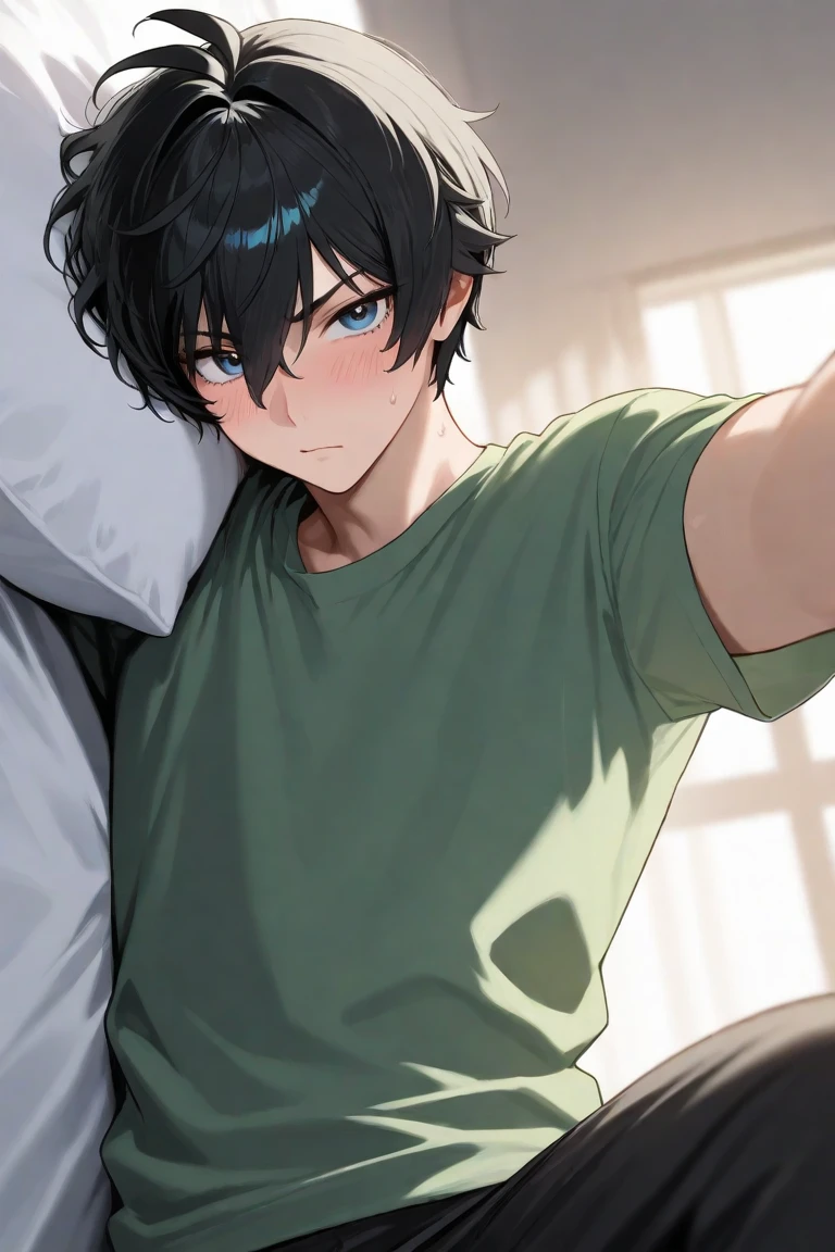 High school boy is on bed in his room
