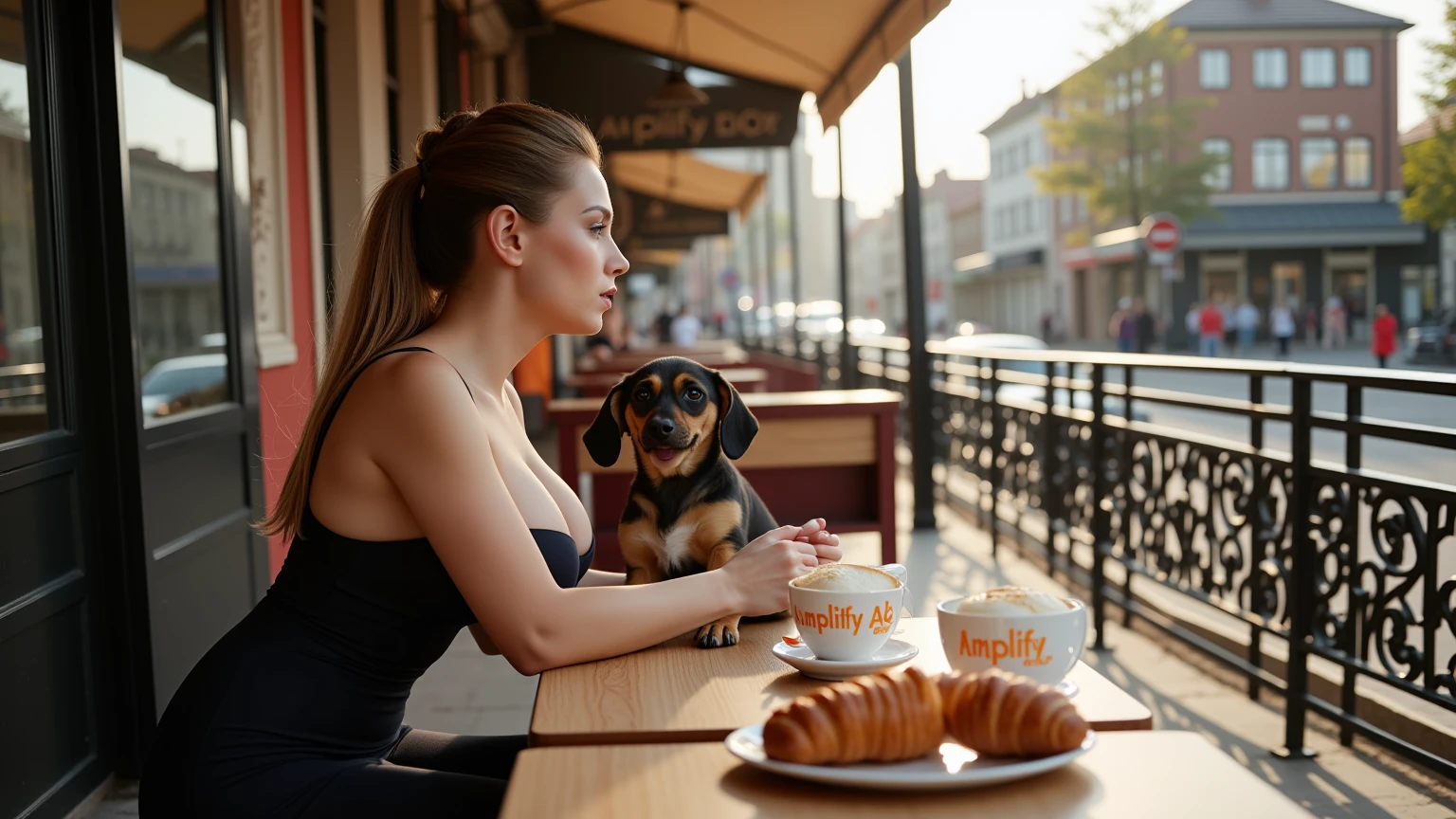 Balcony with plants, View of the metropolis from above, peaceful atmosphere, A little dark in the sky Young skinny brunette shirtless woman swinging on velular, With coffee on the table, Dog sitting on the ground and enjoying the view,