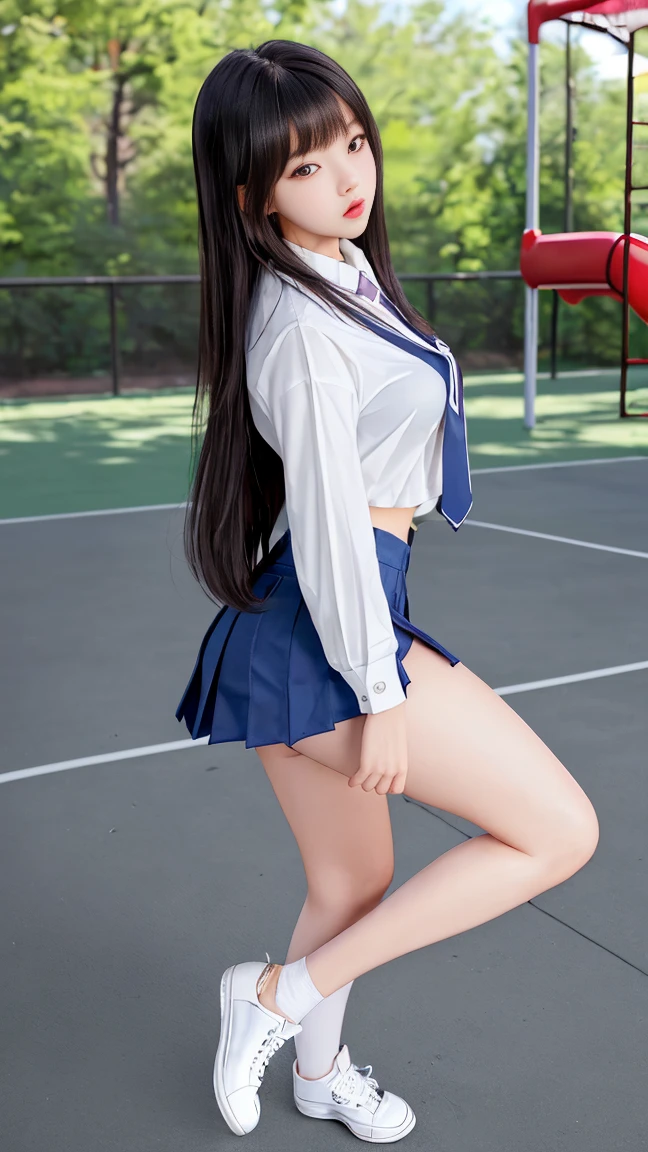 an incredible beautiful girl, delicate, youthful, solo, handsome and beautiful face, shiny large eyes, medium hair, straight hair, ponytail, bangs, (small breasts:0.8), perky breasts, narrow waist, smooth thighs, perfect figure, clear and smooth skin, natural skin texture, wearing tennis uniform, pleated short skirt, standing, cheerful smile, looking at viewer straight, (best quality, masterpiece:1.3), absurd-res, RAW photo, 8K photo album, (realistic, photo-realistic:1.3), extremely detail, blurry background, in the tennis court, (thigh shot), (shot from diagonally front), (shot from below), (close-up photo), (girl wearing a mini skirt), (From below:1.5), (pantsu shot), ((no panties:1.4))