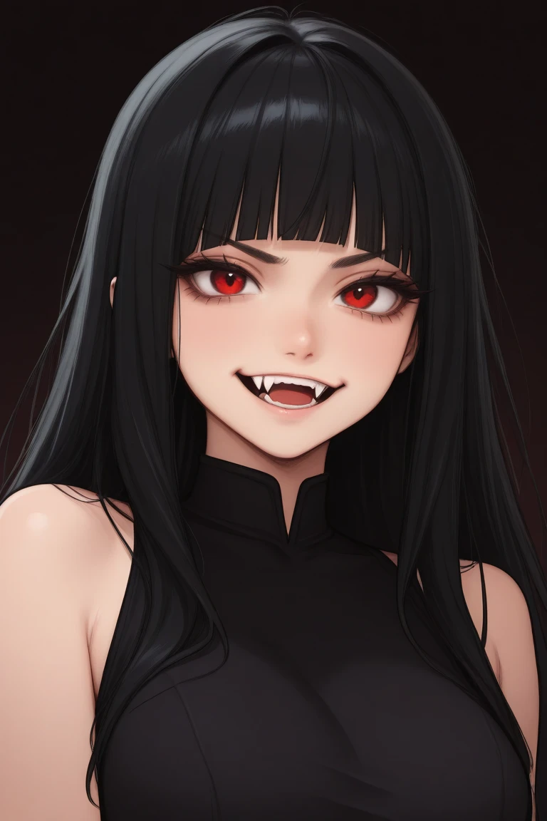 Simple background, 1 woman, black hair, red eyes, black dress, smiling