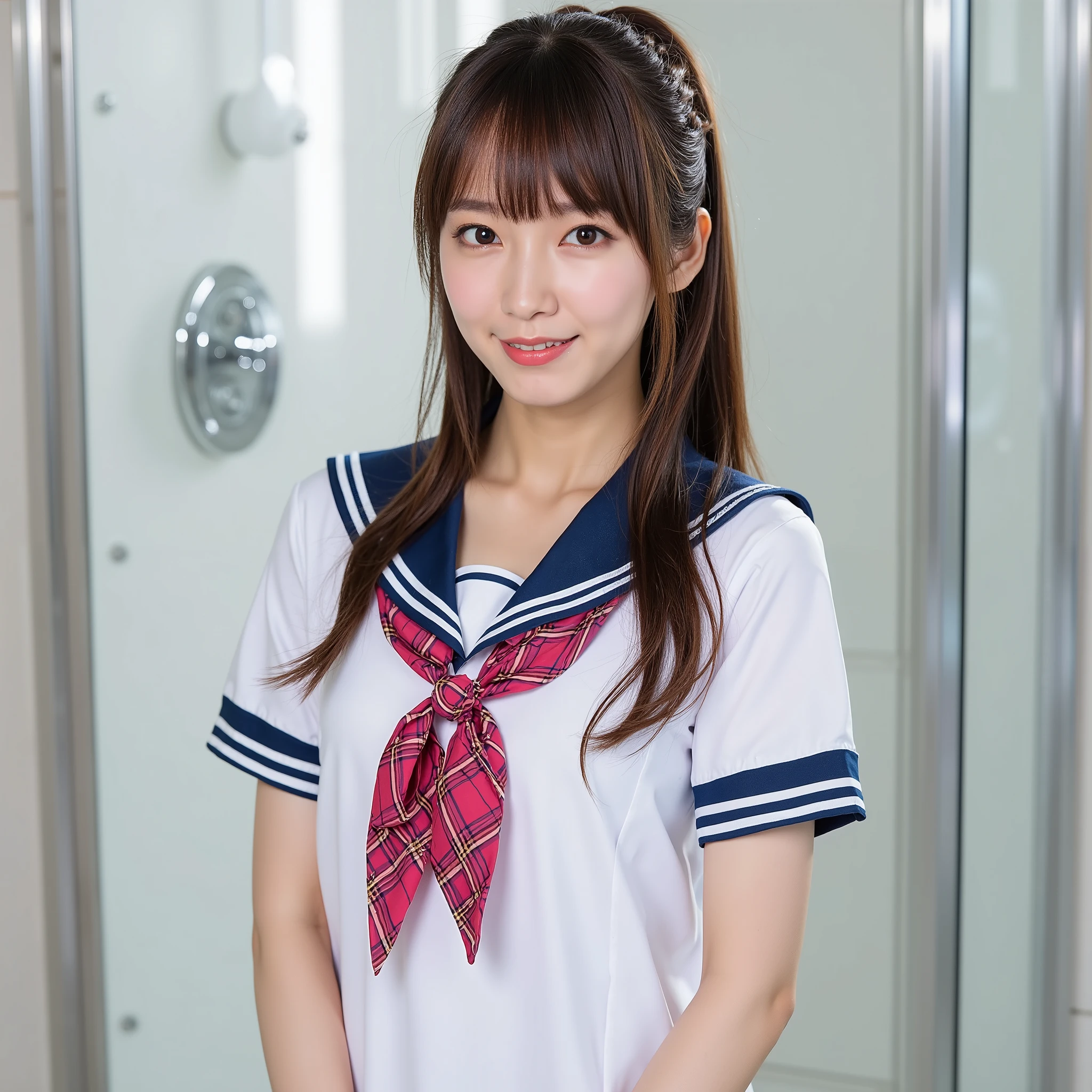 Like an Idol ,long hair , straight hair , ultra clear focus, very pretty face, full body portrait, white sailor suit, as shown in the picture, studio lighting that illuminates the whole body,
white sailor suit, Short sleeve, navy sailor color, red ribbon scarf, pink and red plaid, 8 denier shiny blue stockings, ultra-realistic portrait photography, sticking out her tongue and opening her mouth wide , break,
I'm taking a shower, Wet body, wet close, clothes that stick to the body when wet, ((Water Drop, Hot running water )), (Glow effect:1.5), break,
(super detailed:1.30), (Absard Dress:1.30), ( ultra-detailed upturned beautiful breasts :1.25), ( super detailed and clear focus :1.20), (At the center of the image is a woman :1.5), (floral print on stockings:1.10), (Taken on a clear day:1.5), break,
(super detailed beautiful Japanese female idol:1.10), (super detailed beautiful slender and glamor:1.9), (perfect anatomy:1.15)), (cute smile:1.3), (super detailed big eyes, double eyelid), break,
((super detailed upturned beautiful breasts, deep chest with F cup chest :1.5)), deep v-neck, ((super skin-perfect costume:1.8), break,
(super detailed finely textured shiny oily skin:1.5), (Glossy Skin), ((ponytail, asymmetrical bangs braided above the head, super detailed, beautiful, shiny hair :1.5)), (light brown hair), break,
(full body photo:1.5), Dynamic Angle, golden ratio, break