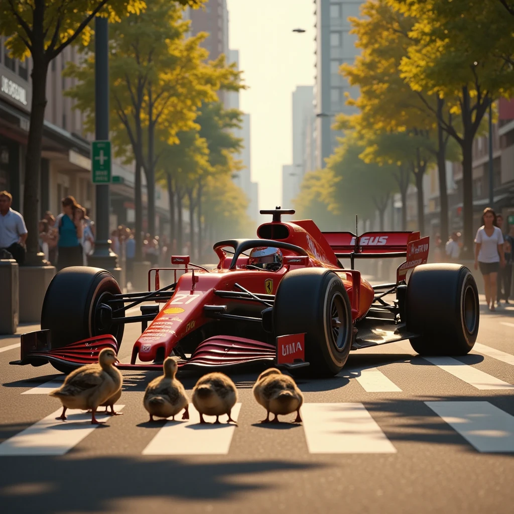 Dramatic scene, Sunny daytime, F1 car stopping at a pedestrian crossing on a public road, F1 car stopping at the stop line, A spot-billed duck parent and  line up to cross the front of the car, 2025 type car, is Ferrari's newest F1 car piloted by a racer, famous sponsor logo on the body, static,, "27"The car with the car number, the light shines like a movie, Dramatic Lighting, 