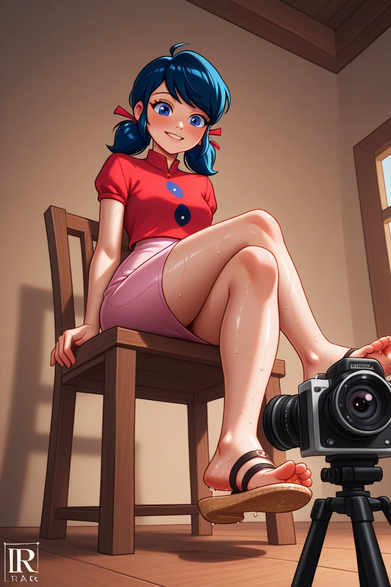 best quality, ultra-detailed, realistic:1.37), 23 year old pale beautiful woman’s feet, blue nail polish, Swedish female, dyed red hair, medium length extremely curly layered hairstyle, bright blue eyes, high cheek bones, pale skin tone, shot on a Canon EOS R6 Mark II camera