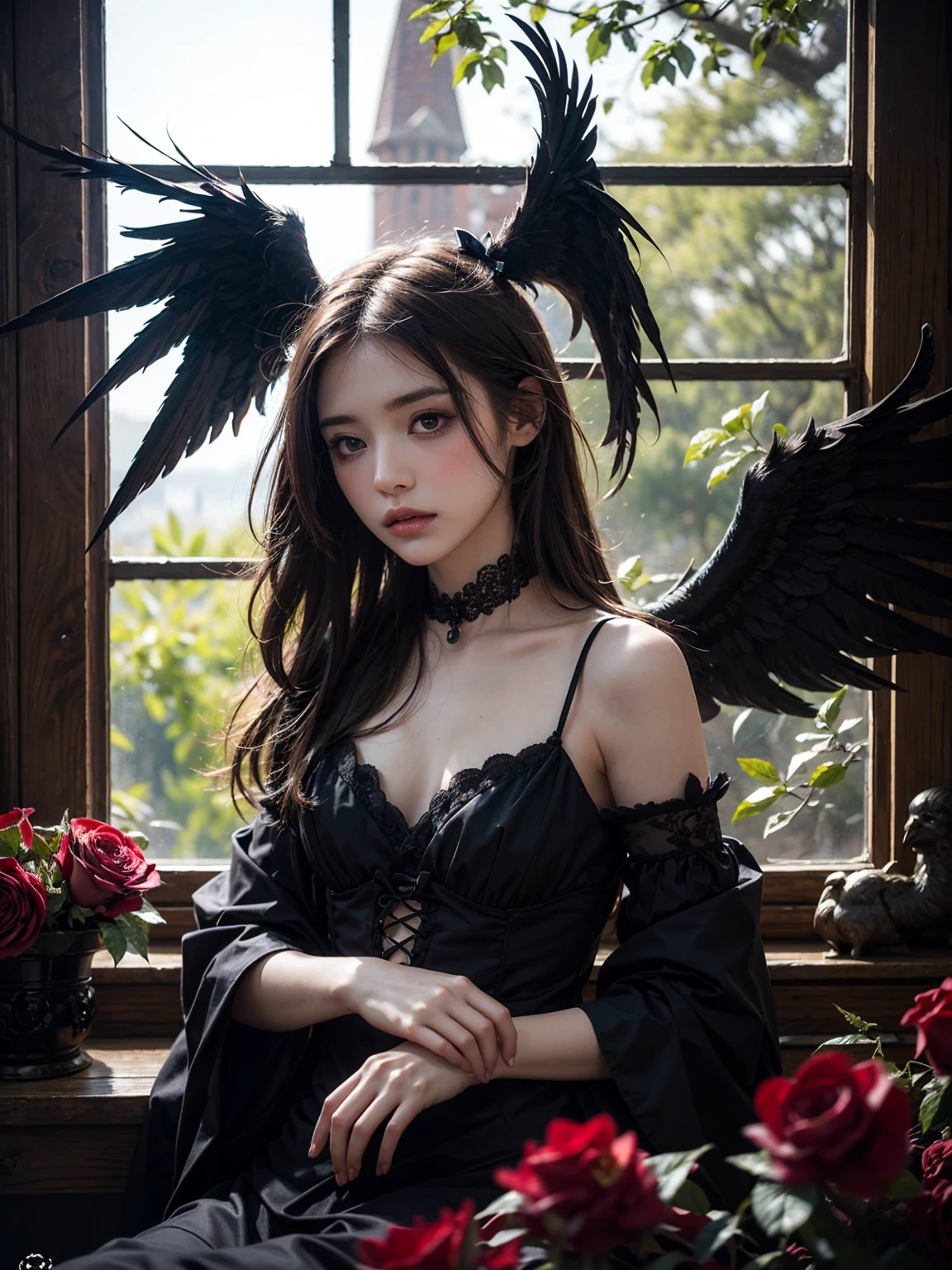 Fine matte painting, skeleton dark angel big wings haunted castle on drawing table full of knives, horror, spookiness, scary, secret horror, tentacles, vines, eyes, uncanny valley effect teeth, limbs, animals, blood moon,wedding gown,offcial dress,Weddings,mouth close,The eyes are cold,Redlip,