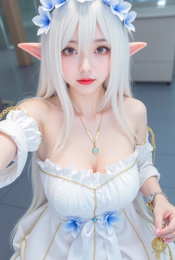 Elf, white skin like Chinese, 12 year old woman, fantasy world, flowers on background, blurred background, side-string, piercing ears, wet thin white cloth wrapped around body, live action, f/1.8, 85mm, canon, high detail, high resolution, 8k, 16k, covering breasts with white cloth, covering waist with cloth, bathing, wet thin clothes, smiling, fountain, sitting, necklace, hiding breasts with both hands, chest up, with upturned large tips, upper body, close up face, cleavage, ((Saggy breast:1.5))