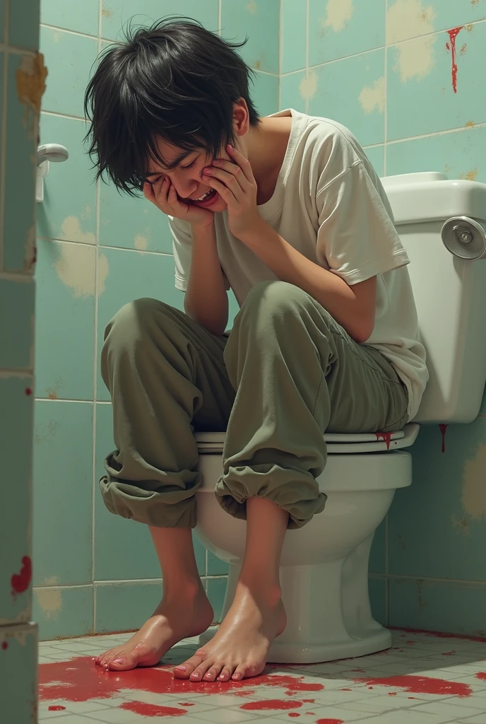 Korean male idol shitting in toilet in bathroom, White shoes, white socks, Take off your pants, shame, Urgent, Wearing a high school gym uniform