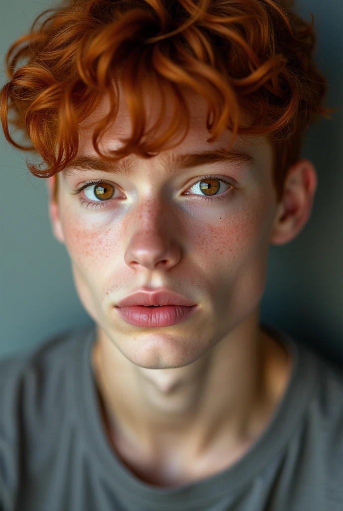 Handsome brown redhead boy, green eyes, more masculine, slightly wavy and not so long hair