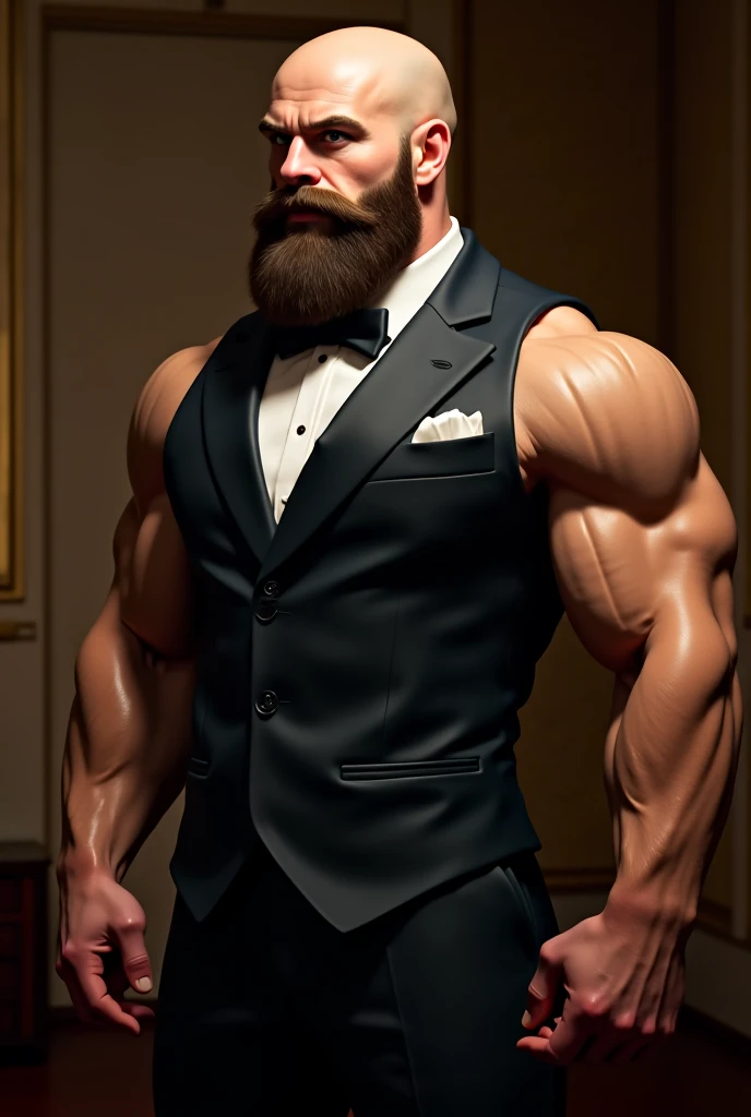 The big show as a bodybuilder with enormous muscles, wide huge pectorals, wearing dressing shirt and pants, full body, hairy chest.
