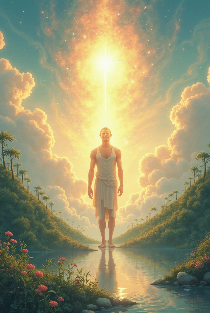 Artistic and aesthetic pictures of the creation process of Prophet Adam. Featuring fertile land cultivated by God, with the visualization of the body of the Prophet Adam being formed from the earth, and the spirit that enters his body. Create a peaceful and light-filled atmosphere, with divine touch and majesty