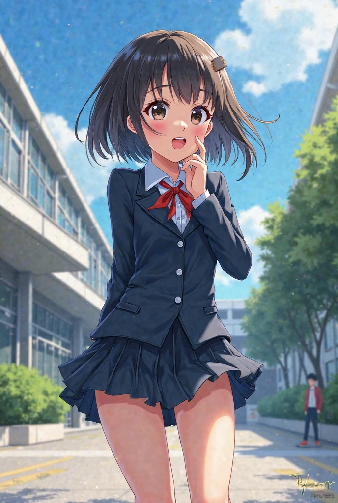 A girl with short black hair, a plaid skirt and brown loafers is standing in a blazer uniform. The wind is blowing up one of her skirts, exposing her floral panties. She is embarrassed and flustered from head to toe.、In front of the school building at dusk