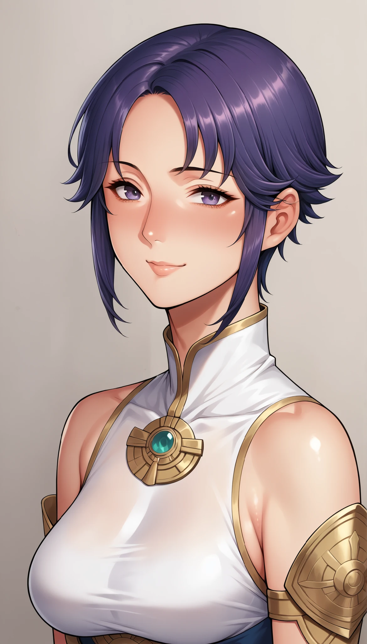 1 Female, simple background, white dress, dress with frills, shoulder out, See-through Ear Covers, Elbow pads, Pat yourself on the cheek with your finger, Ursula (Fire Emblem), short hair, violet hair, upper body, medium breasts, kind smile, closed his mouth, Ursula,