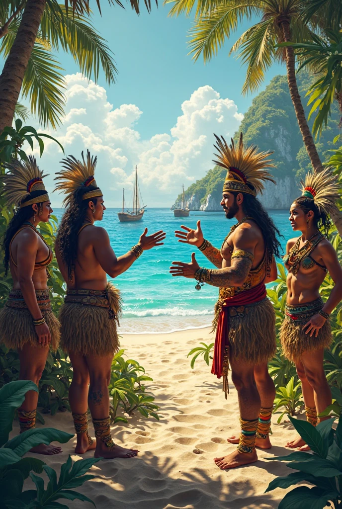 Meeting natives on an exotic island, exchanging gifts and smiles, (realistic: 1.2), 8k, high-quality, masterpiece,