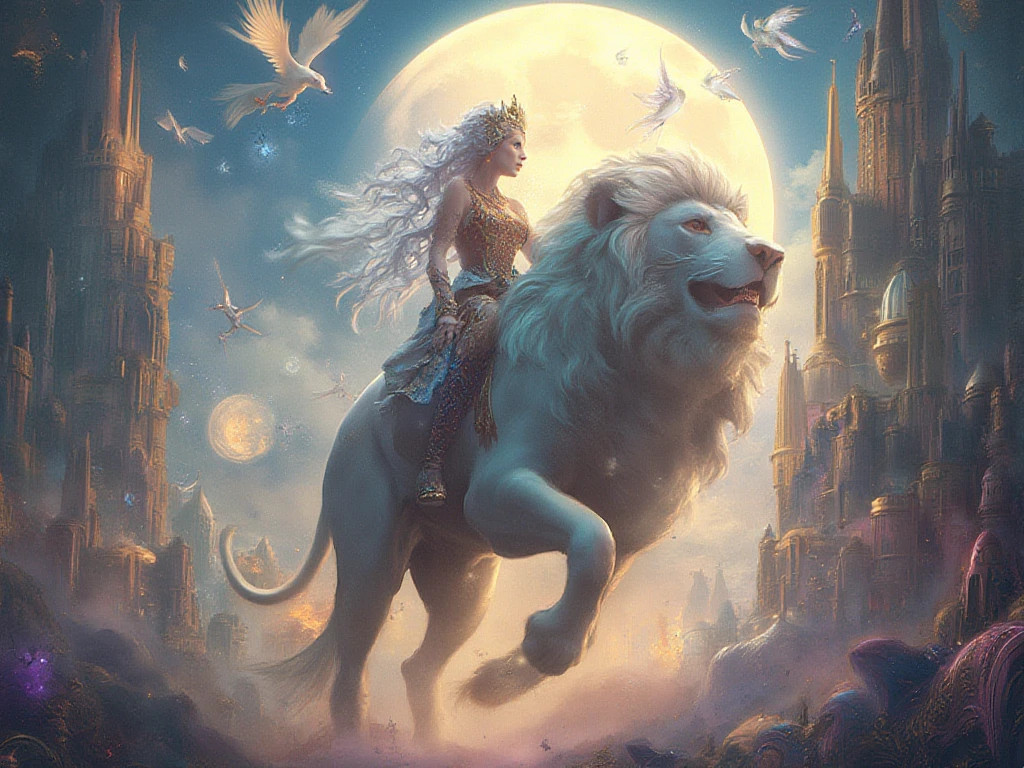 a woman-wolf hybrid riding a majestic white tiger, detailed portrait, durga goddes, heavenly landscape, ornate jewelry, intricate details, dramatic lighting, vibrant colors, cinematic composition, hyper realistic, 8k, award winning illustration, digital art