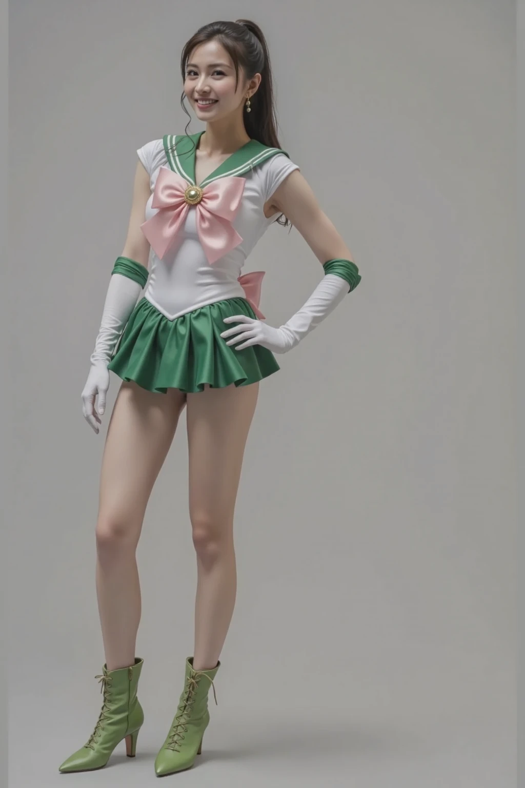 masterpiece, best quality, highres, hmjupiter, green eyes, ponytail, tiara, jewelry, sailor senshi uniform, green sailor collar, choker, elbow gloves, white gloves, pink bow, brooch, leotard,bottomless, off skirt, cowboy shot, standing, night, moon, flustered,large breasts, panties,white background,simple background, show off nipple,