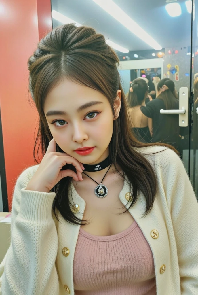 A closeup of a cute girl with a pink collar shirt and a black and white top, realistic, movie character,
