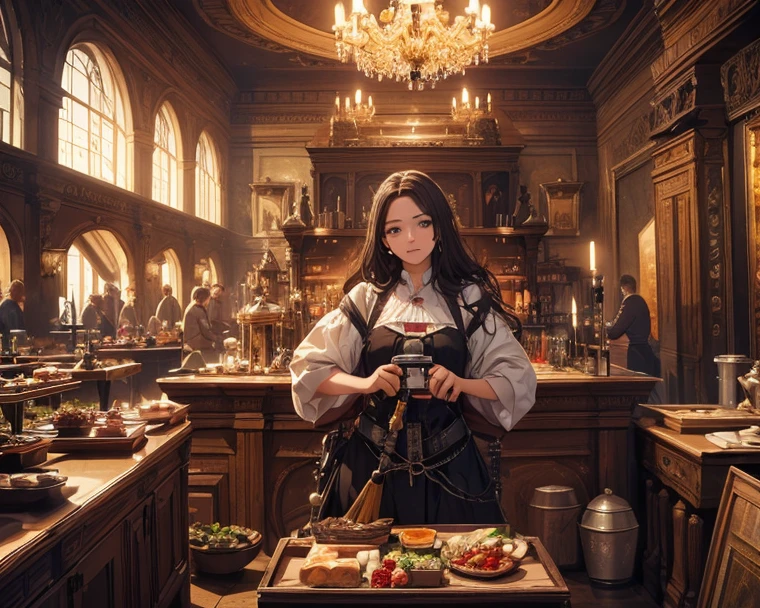 professional cinematic photo of a girl wandering in a medieval tavern, smiling, detailed face, ultimate shadow depth, f/45 aperture, complex busy setting, complex shadows and lighting, luminism, ultra bioluminescence, god rays, warm colors, high contrast, high focus, best Form shadows, best Shadow receiving bounced light, best Core shadows, best Cast shadows, best Occlusion shadows, ultra intricate shadow-light play,