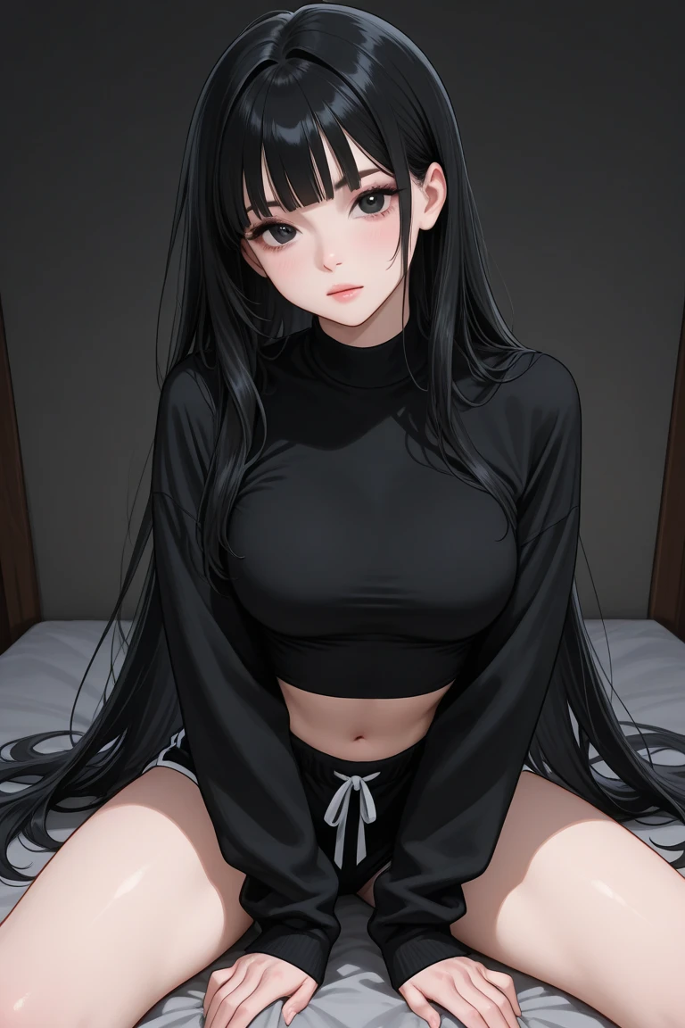 woman,sexy, female, mommy, black hair, red eyes, big chest, midriff, long sleeves sailor uniform, sit, bedroom, evil smile, seductive lips, looking back