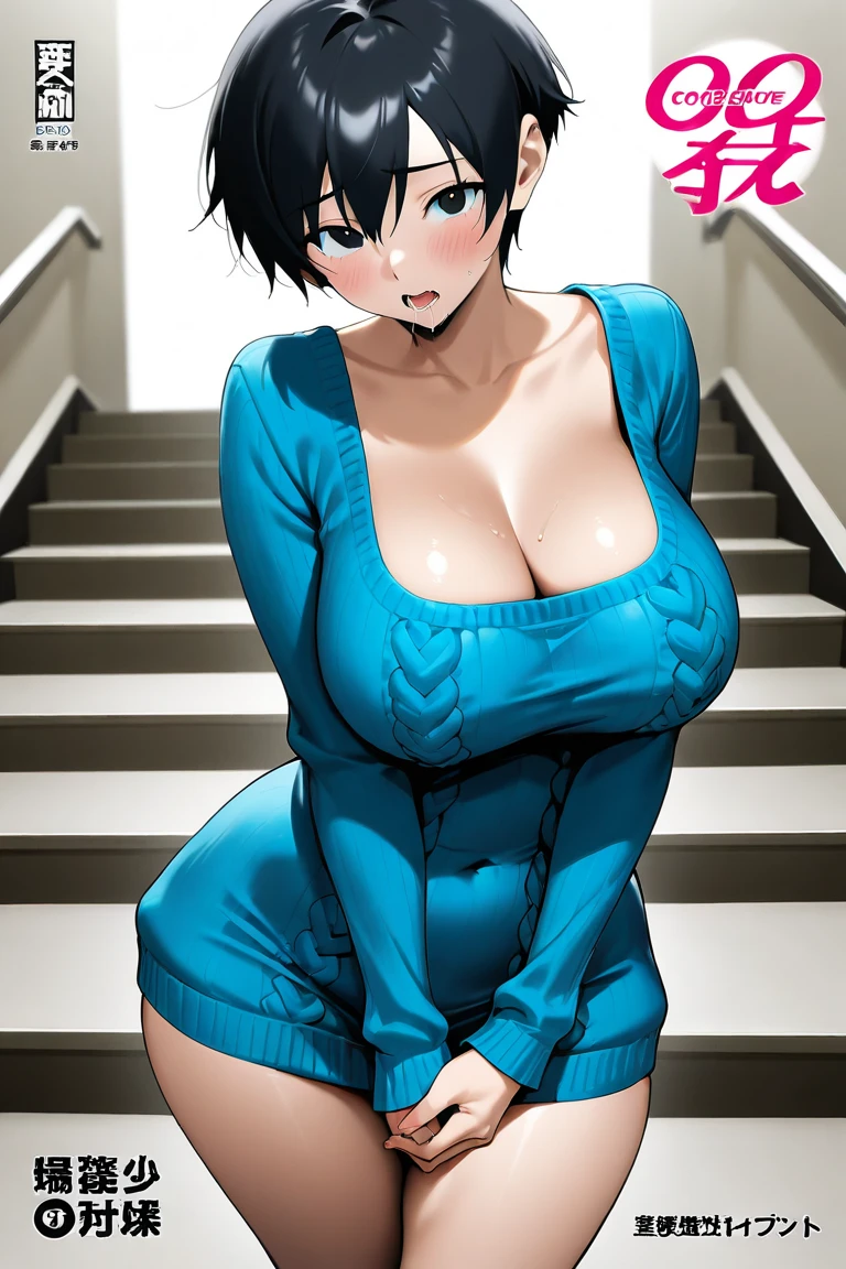 masterpiece,Super detailed,Sharp focus,High resolution,Bob Hair,Black Short Hair,Curvaceous adult body,Cleavage,(Cheerleader),(Thick lips:1.3),(puppet:1.3),Earrings,(Have sex,Vagina Penis),On the bed,Cowgirl,Hotel,(Blushing and grinning),pubic hair,(Wet cat:1.3),(Sweaty),(Creampie,Cum in pussy:1.2),Open your mouth,excessive Cum in pussy,(Looking down at the viewer:1.2),Thick thighs,Curvaceous adult body,