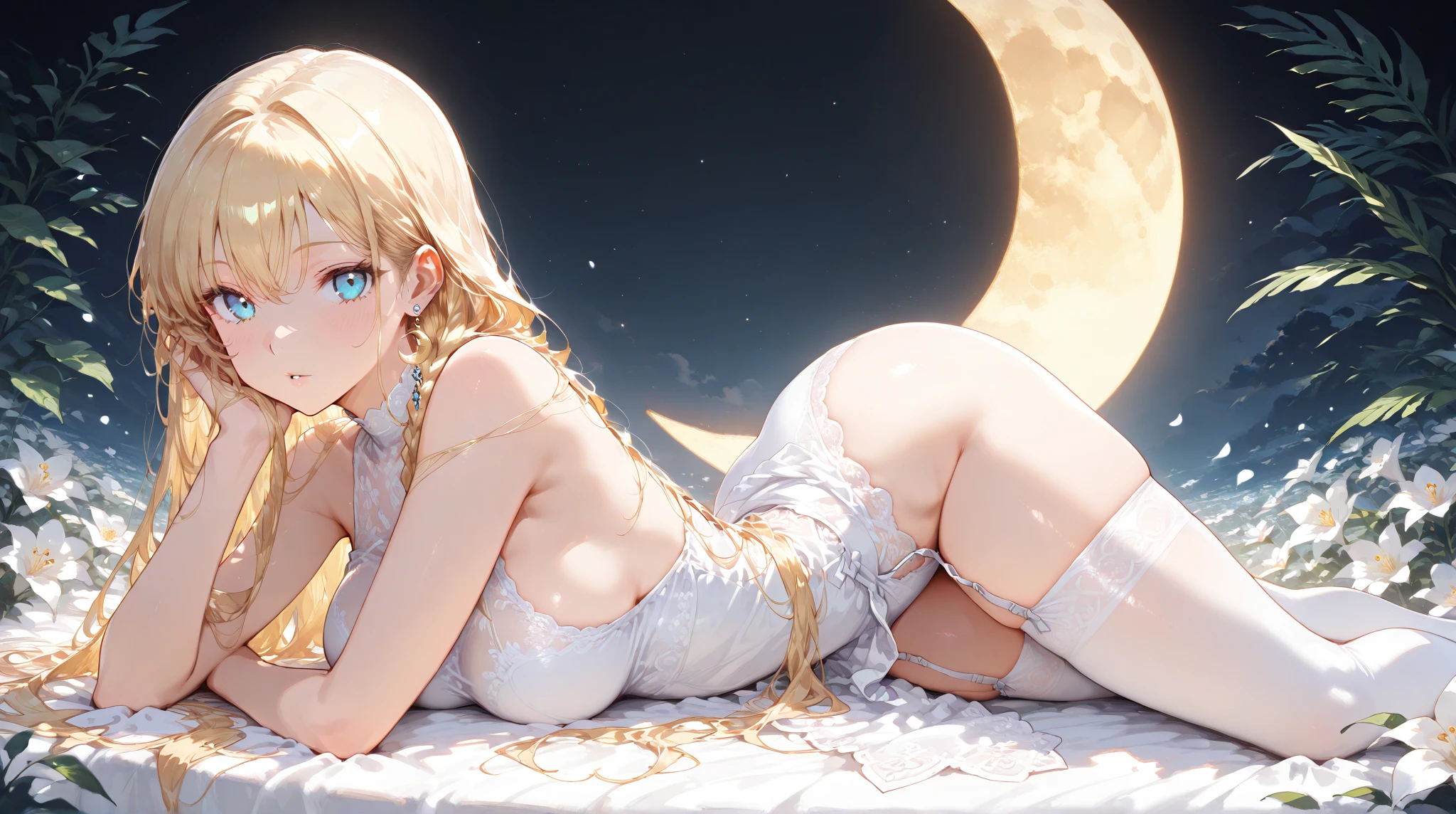 Junaida, Rene Magritte, Klimt, Surreal, mysterious, strange, fantastical, fantasy, Sci-fi, Japanese anime, optical magic, distorted perspective, crescent moon at twilight, blonde miniskirt beautiful girl Alice, perfect voluminous body, detailed masterpiece Hyper realistic sharp focus big tits sexy erotic firm round ass real embarrassing blushing shy scared excited coquettish