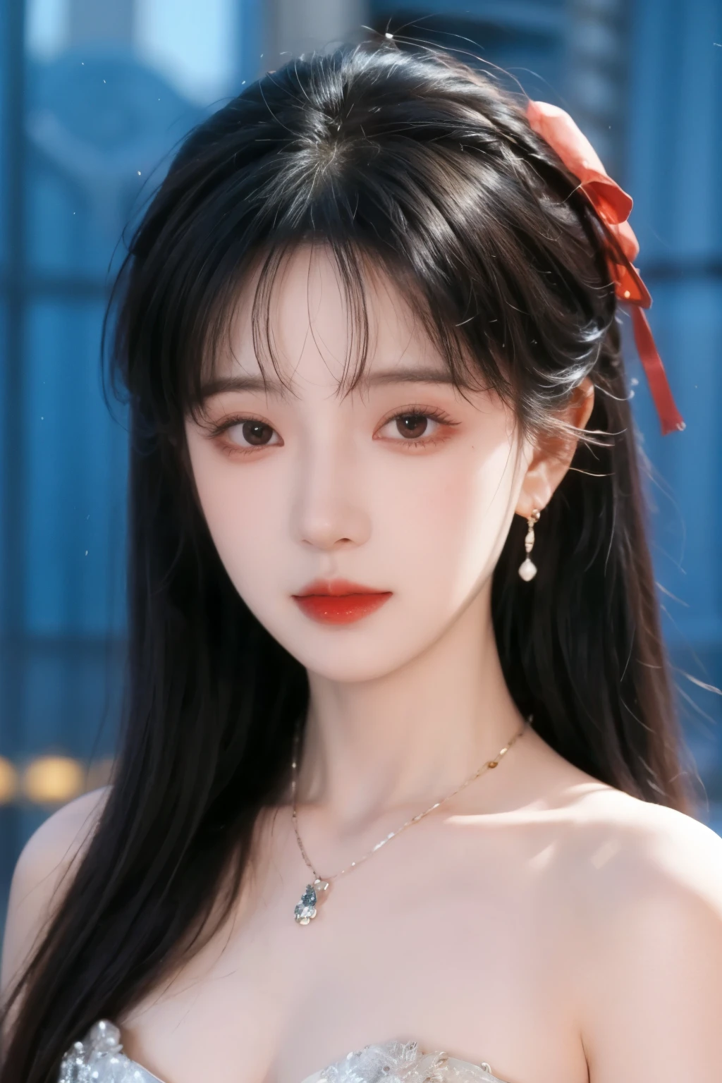 ( masterpiece, highest quality:1.2), 8,000, 85 mm, original photo, confuse, hair, Gradient Dress , Delicate girl,Shiny Skin, , watching the audience, HDR, clear focus, Twilight Sky , Shiny Skin, small eyes and face , brightly colored background, earrings、 necklace、clavicle、Straight long hair、Straight hair perm 、Big breasts,