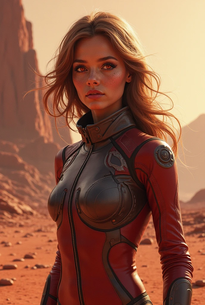 Imagine a fascinating portrayal of Mars personified as a human being. Envision Mars transformed into a captivating figure that reflects the unique characteristics of the Red Planet. Picture a human form with a reddish-toned complexion, reminiscent of Mars' rusty surface. The body could be adorned with intricate patterns resembling the intricate patterns of canyons, valleys, and ridges found on Mars. The hair could be depicted as wisps of swirling dust storms, capturing the planet's dynamic atmosphere. The eyes should reflect the intensity and mystery of Mars, perhaps with a fiery or shimmering quality. Consider incorporating Mars' iconic landmarks, such as the towering Olympus Mons or the winding Valles Marineris, as distinctive features on the human figure's body. The overall image should convey the ruggedness, otherworldliness, and enigmatic allure of Mars, serving as a reminder of the unique planetary neighbor in our solar system."