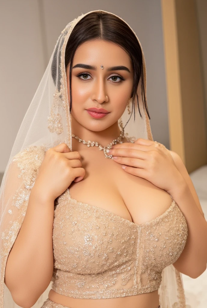 Day scene, close up photo of a sexy indian, sexy navel, deep cleavage, french braid hair, necklace, erotic face, 34 yo, look at viewer and seductive smile, (cinematic:1.3), intricate details, (ArtStation:1.2),Indian busty gorgeously prettiest lady(face lookinlike Indian actress(beautiful face, beautiful nose, beautiful eyes , beautiful lips ),((realistic Samantha facial harmony facial features lips eyes looks )), ((wearing white tight traditional saree sliver necklace waist belt bangles,red bindi on forehead )),(((huge gigantic breast)),((lying on bed)), hands behind head, showing her armpits,,((open mouth Full closed eyes groaning expression))(((pale white skin tone white skin tone snow white skin tone white skin tone snow white skin tone))),((open mouth Full closed eyes in pleasure groaning expression))