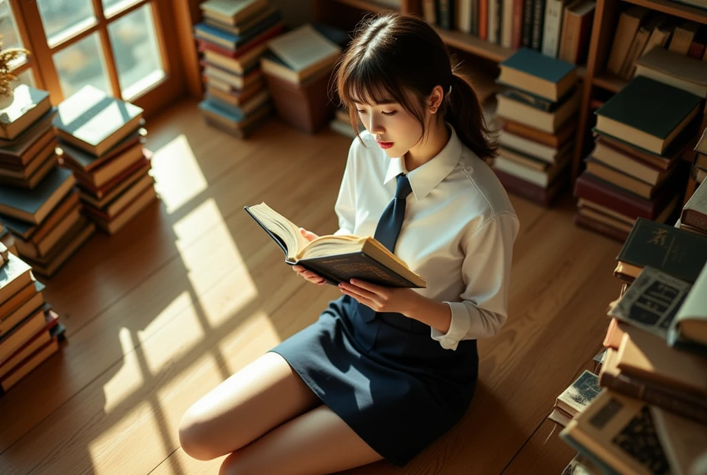 show entire body, Asian female sitting a desk, studying, wearing letterman jacket, dress, tights, no shoes, hair is in a messy bun, she looks like she’s concentrating