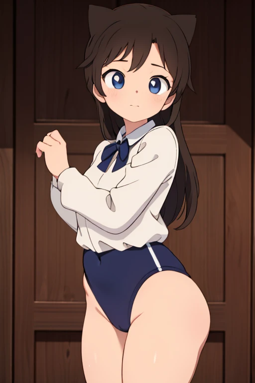 large head、Brown sleeveless、Ultra short skirt、High resolution, The best lighting, Extremely detailed illustrations, Realistic white panties, crotch seam, Cameltoe,, NSFW, pantyshot, Spread legs,, No shorts, Dirty panties crotch、Holding the skirt with your hands、Look at viewers