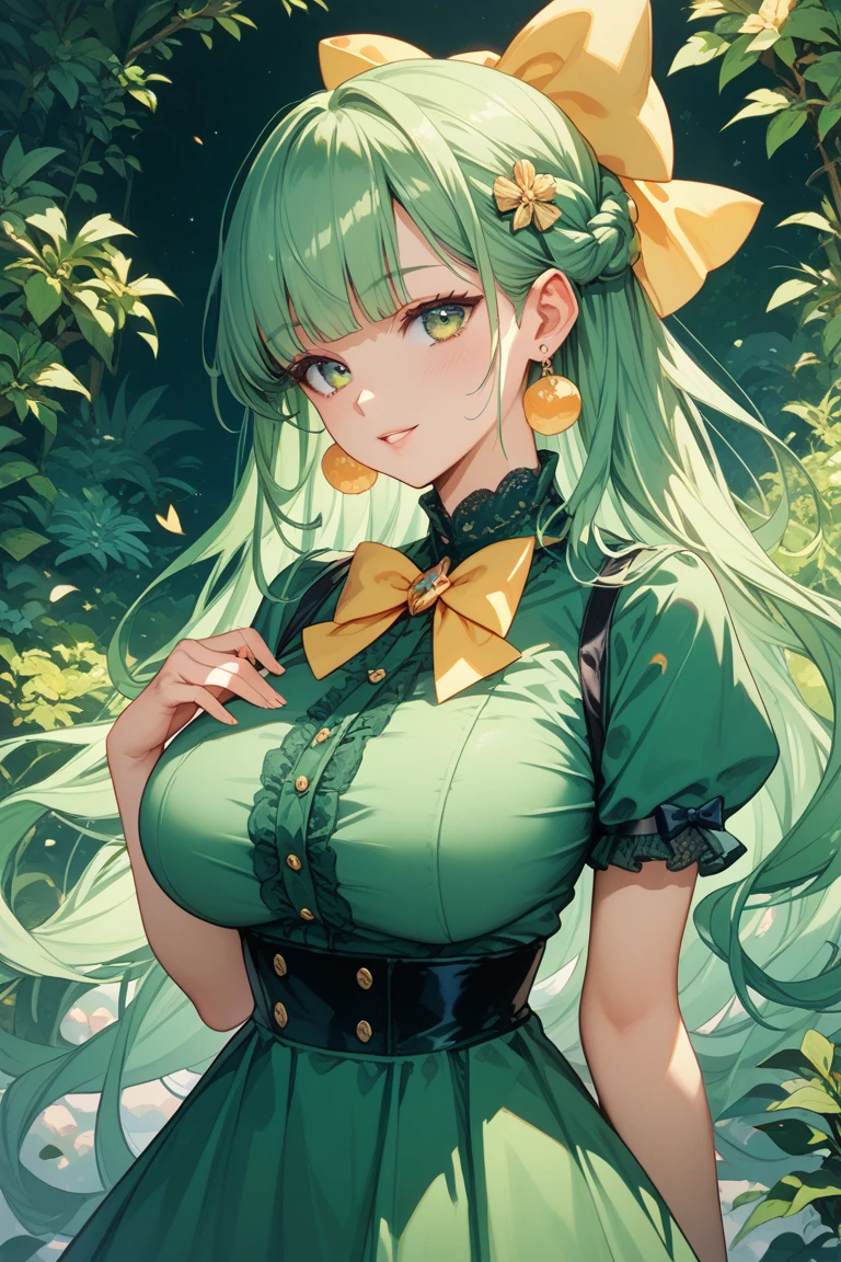 (Solo)、(19-year-old woman、Dark green hair、Green eyes)、(Maids)、(Single Braid Hair)、(Huge breasts、cleavage)、Dark green clothes、 --auto