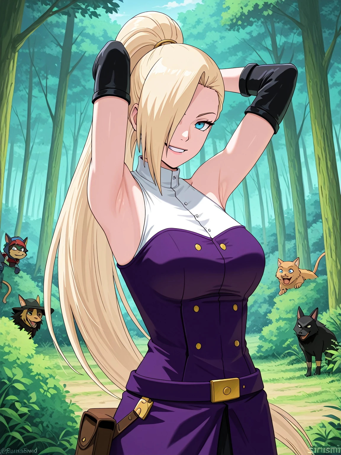 masterpiece, best quality), intricate details 1girl, mai valentine, long hair, blonde hair, jewelry, purple eyes, earrings, makeup, huge breasts purple jacket and white shirt, ero full body