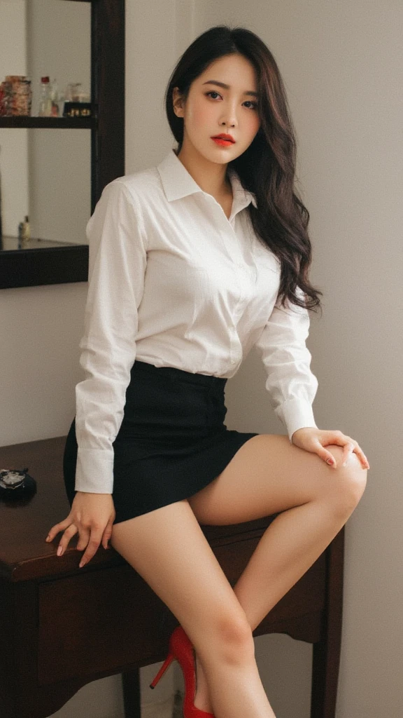 Indian woman posing, smile、curvaceous indian warrior woman、smile((half)CEO woman sitting on chair in RAW photo office, wearing white suit, (Use dark attractive eyes) movie scene, white tight skirt(perfect) ,My heart flutters a little,Serious and elegant woman with thick female eyebrows, Agent 007 Girl Style, (mysterious serious face,) , at work, elegant and elegant, (high quality, realistic images), (最high quality, 8K,