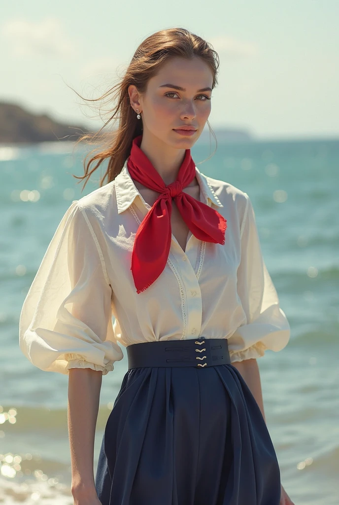 girl, brown-haired, medium-length hair, open forehead, no bangs, black eyes, big hips, white shirt, short-sleeved shirt, deep neckline on the shirt, red belt,long belt, black pants, pirate style,on the background of the sea, pale skin