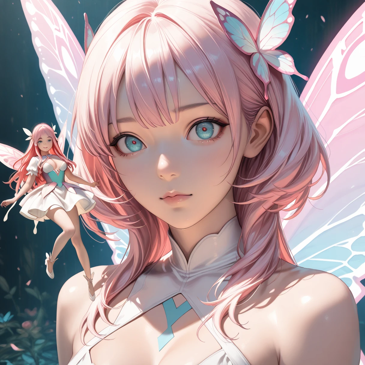pastel colour、Highest quality、Fairy Girl、Bright and colorful hair、Delicate hair、Highly detailed face、Beautiful cleavage、Whimsical、Perfect lighting、Otherworldly background、flower
