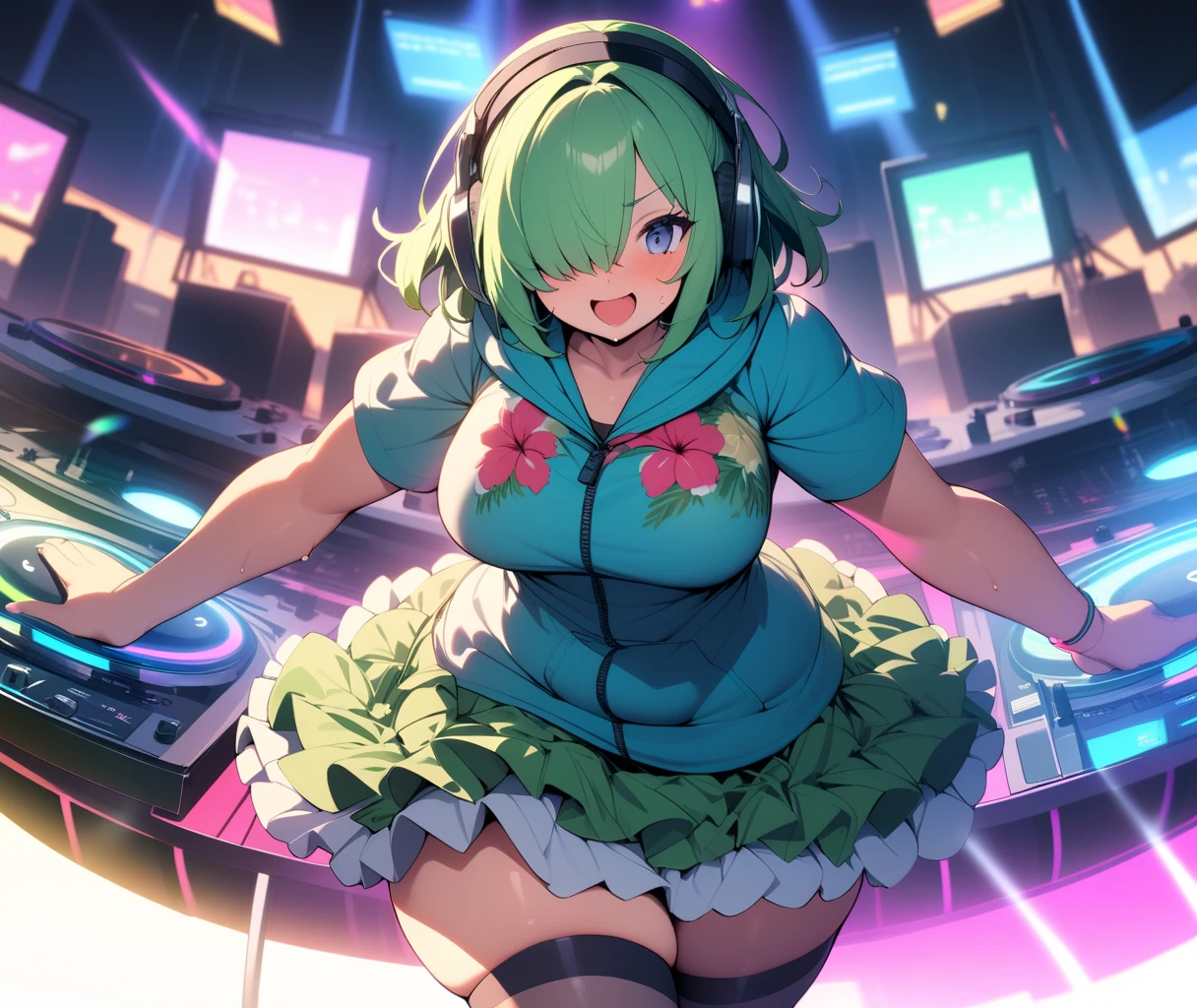 rvst, a woman, anime girl, 8k, ecstatic expression, festival, beautiful, colorful, translucent glowing latex miniskirt, night, lasers, panties, bra, cleavage, medium breasts, anime print clothes, sexy, camel toe