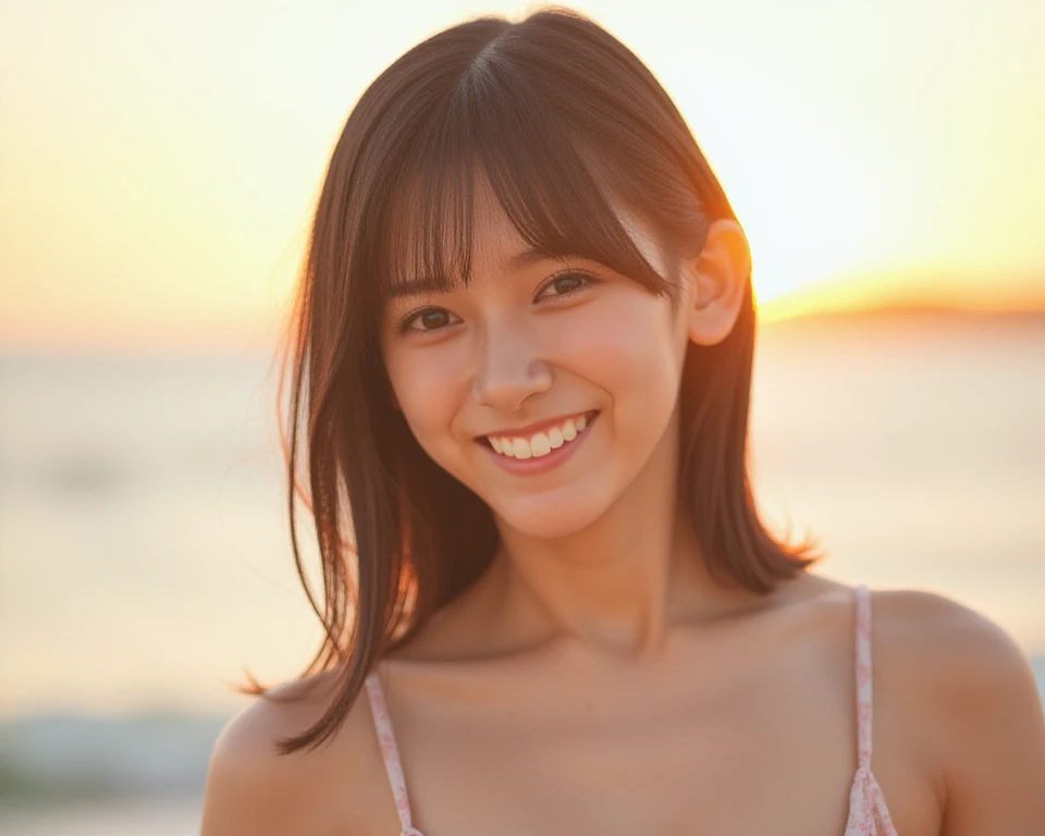 8K, (Surrealistic: 1.35), (realistic: 1.4), 1 beautiful japanese girl, smile, One, light makeup, masterpiece, excellent quality, high quality, puberty, (((Completely naked)))、 ((perfect body)), ((best image quality)), ((time)), ((very delicate and beautiful)), ((very shallow depth of field)), nffsw, ((incredibly shallow depth of field. familiar with)), (((very delicate and beautiful))), (((very shallow depth of field))), nffsw, (((incredibly absurd))), (((perfect body))), (((black bob cut hair )))), (((long hair)))), (((camera eye))), (((small))), (((happy and best smile))), poor, Own + background, dynamic angle, female focus, {particles of light}, detailed background, ((paul hedley)), soft lighting, (dramatic) sunset), sunset, very beautiful sunset, live action, realistic, top angle, cute smile, (background blur), 18-year-old, skinny, ((strong wind)), ((movement ))), ((emotion)), ((colorful)), ((baby face)), ((beautiful teeth)), Withering, ocean background、