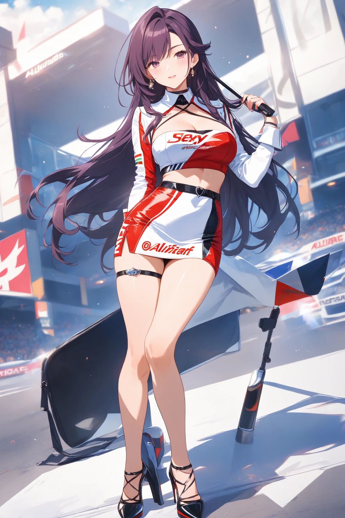 Emilia re:zero, purple eyes, Emilia, crown braid, x hair ornament, flower hair ornament, (white hair:2.0), long hair, medium breasts, crop top, mini skirt, twin tails, anime girl with a checkered flag on a race car, pixiv 3dcg, drawn like the anime speed racer, makise kurisu, masuimi max, juri misaki, twintails white_gloves, pixiv contest winner, at pixiv, senna from league of legends