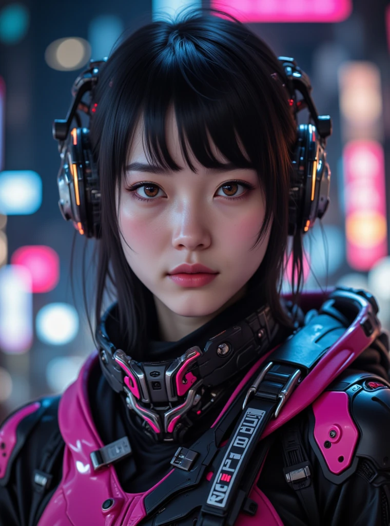 Top Quality, Masterpiece, Ultra High Resolution, (Photorealistic: 1.4), Raw Photo, 1 Girl, Black Hair, Glossy Skin, 1 Mechanical Girl, (Ultra Realistic Detail)), Portrait, Global Illumination, Shadows, Octane Rendering, 8K, Ultra Sharp, Big, Cleavage Exposed Raw Skin, Metal, Intricate Ornament Details, Japan Details, Very intricate details, realistic light, CGSoation trend, purple eyes, glowing eyes, facing the camera, neon details, mechanical limbs, blood vessels connected to the tube, mechanical vertebrae attached to the back, mechanical cervical attachment to the neck, sitting, wires and cables connecting to the head, gundam, small LED lamps,