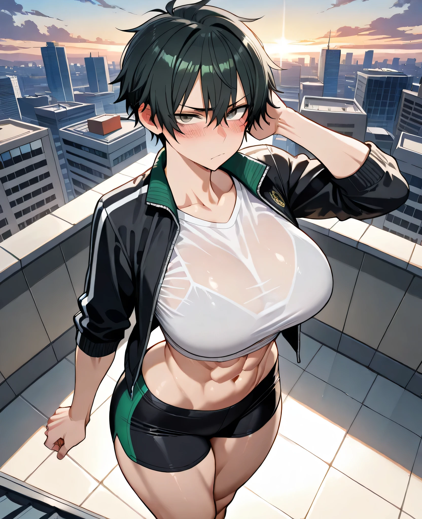Woman, tomboy, black hair with white tips, beautiful, tomboy hair, tall height, curvy thighs, grey-green eyes, wavy hair, hair between eyes, toned hips, thin waists, toned ass, big breasts, athletic, abs, detailed eyes, detailed face, detailed body, adult, detailed school roof, city, detailed eyes, make up, white crop t-shirt, black sport jacket, black loose sports shorts, detailed image, bully, solo, evening, blush, annoyed, awkward, standing, looking at viewer, front view, hand scratching back of head, from above, head away