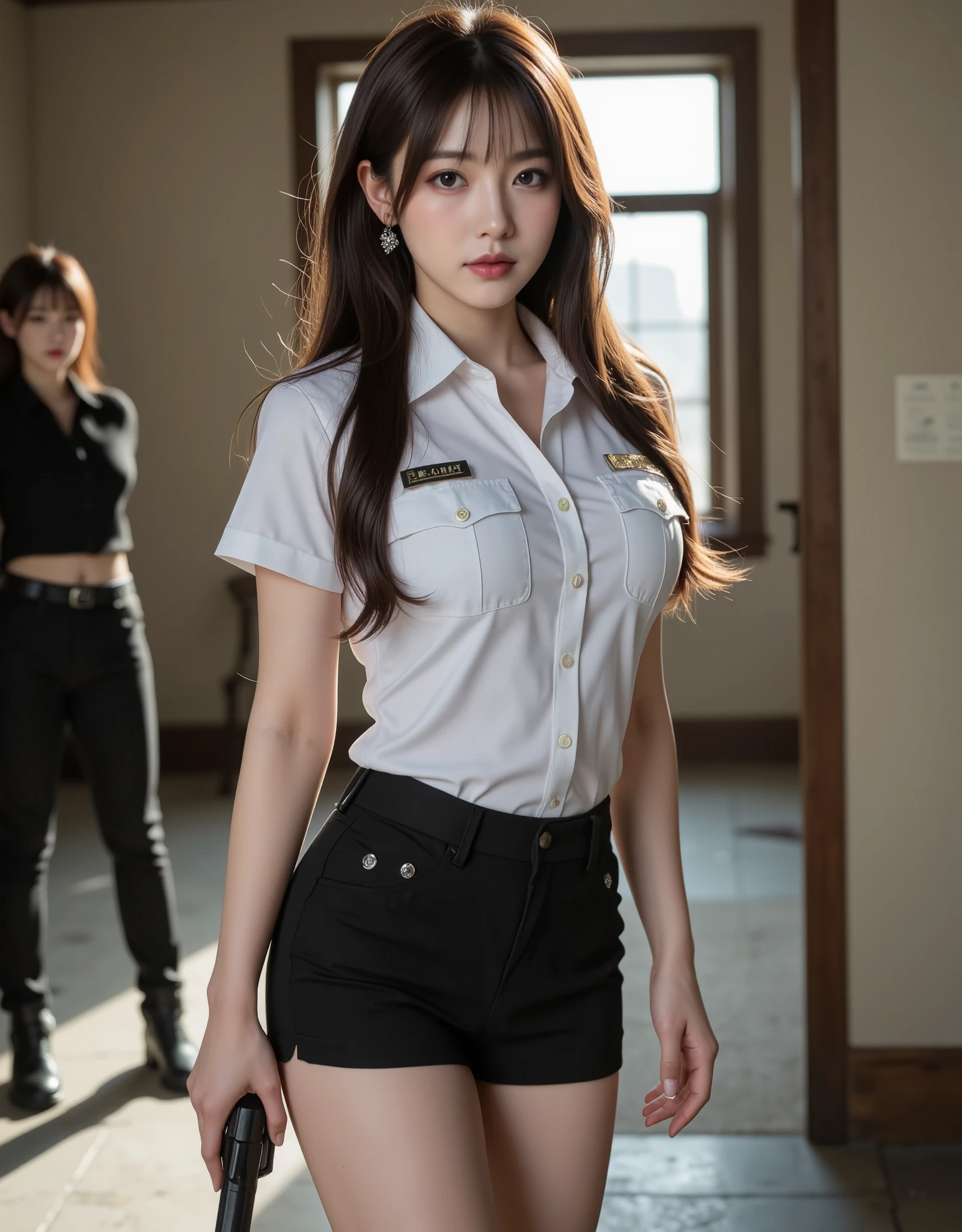 NSFW, (Highest quality), (Ultra-precise CG 16K wallpaper), (Realistic), (High saturation), (Sharp), Beautiful detailed shading, Beautiful natural lighting, Beautiful detailed glow, (Late afternoon sunlight), Natural light, Depth of field, (Mature 24 year old woman, One person), (Very beautiful Japanese face), (Side swept straight long hair with bangs down), (Shiny brown hair), (Sparkling eyes), (C cup size breasts, cleavage), (Beautiful breasts), (Beautiful legs), (Beautiful skin), Beautiful proportions, (Woman has a serious face: 1.3), (Woman's profile), (Woman is wearing a Japanese policewoman uniform, miniskirt), (Wearing sparkly earrings), (Woman posing holding a gun with the muzzle pointed down), (Abandoned house, dilapidated building), (Full screen image), (view angle from the woman's head to her waist), (image of a woman seen from the diagonal front), (a woman standing with a Colt 357 Python gun), (a man in black standing behind a woman and looking at her),