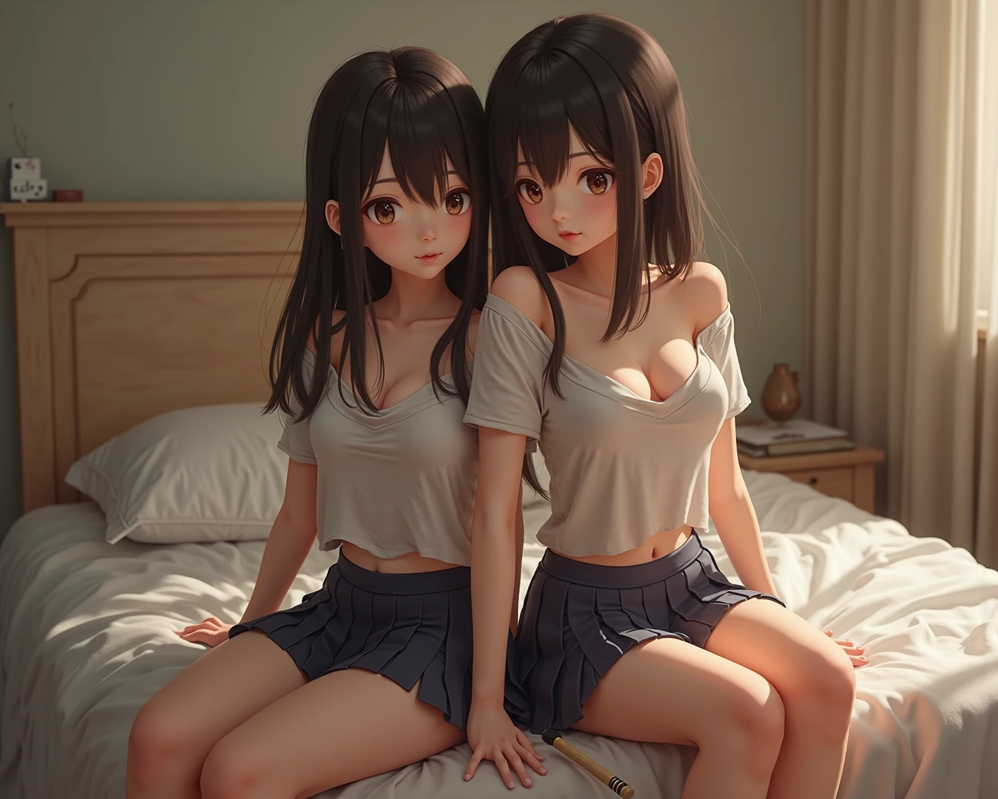 ((Highest quality)), ((masterpiece)), (detailed),Perfect Face,Strong light,With front light,Two fully nude age sisters with small breasts and tans sitting side by side with their legs spread apart, completely naked in a school club room, with their arms behind their backs and legs spread apart, showing a close-up of their crotches to the camera.,