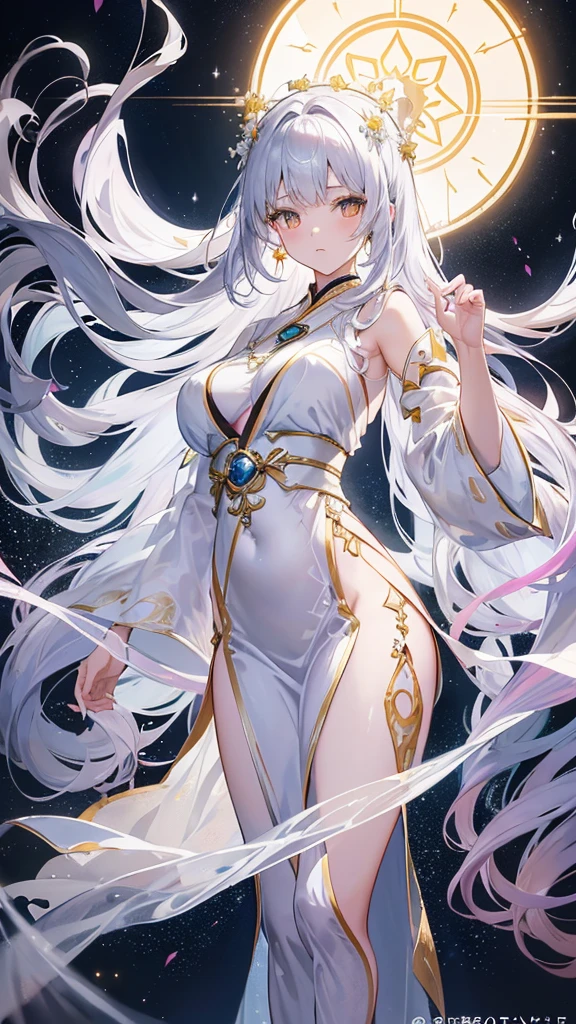 tmasterpiece,(best qualtiy:1.2),(super-fine:1.2),illustratio,(Extremely refined and beautiful:1.2),Movie Angle,floatking,(beatiful detailed eyes:1.1),(Detail light:1.1),电影灯光,Exquisite sky,woman,whaite hair,eBlue eyes,(long whitr hair:1.1),cloaks,glowing light eyes,(themoon:1.2),(rays of moonlight:1.1),starrysky,(Light particles:1.1),Mist,Snow painting,sketching,blooms,Screen fusion,closeup cleavage