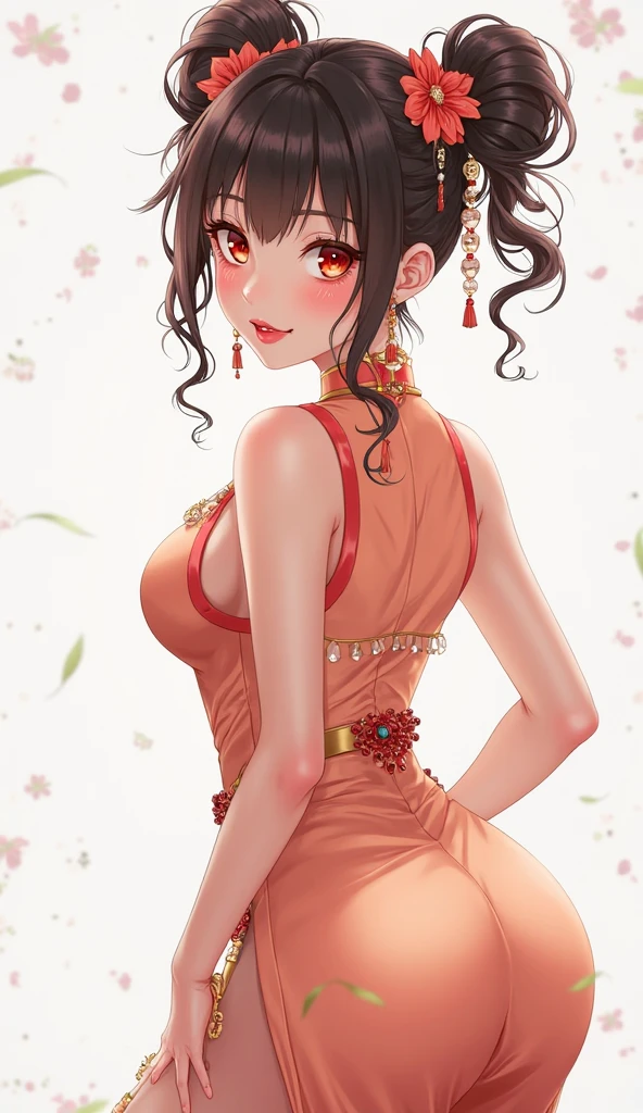 tsuruta ichiro, Narrow-eyed, 1girl in, Allback、deadpan、short-hair、shorth hair、brow、Reluctance、A dark-haired、Tucked Hair Solo, Cowgirl, Onepiece, ((mideum breasts)), Thin slit eyes、Black eyes, Light shines on the eyes、Black hair, gloves, Dress, Luxurious Jewelry, earrings, sharp eye、 elbow groves,Raise your hands and tie your hair back, random color, random color dress, Makeup for long eyes, Slender eyes、lip stick, Complex petal pattern, Rim Light, Back Light, pastel color,Studio Lighting