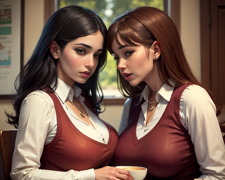 Lucy Pinder, ((VERY INTENSE MAKEUP)), sexy woman, voluptuous, cleavage, (Adele), chubby woman, red hair, braid in hair, button-down blouse, white blouse, belt, black tie, black skirt, pantyhose tights, ((eyes closed)), ((mouth wide open)), sitting on the bus, two women, leaning on each other, chubby woman.