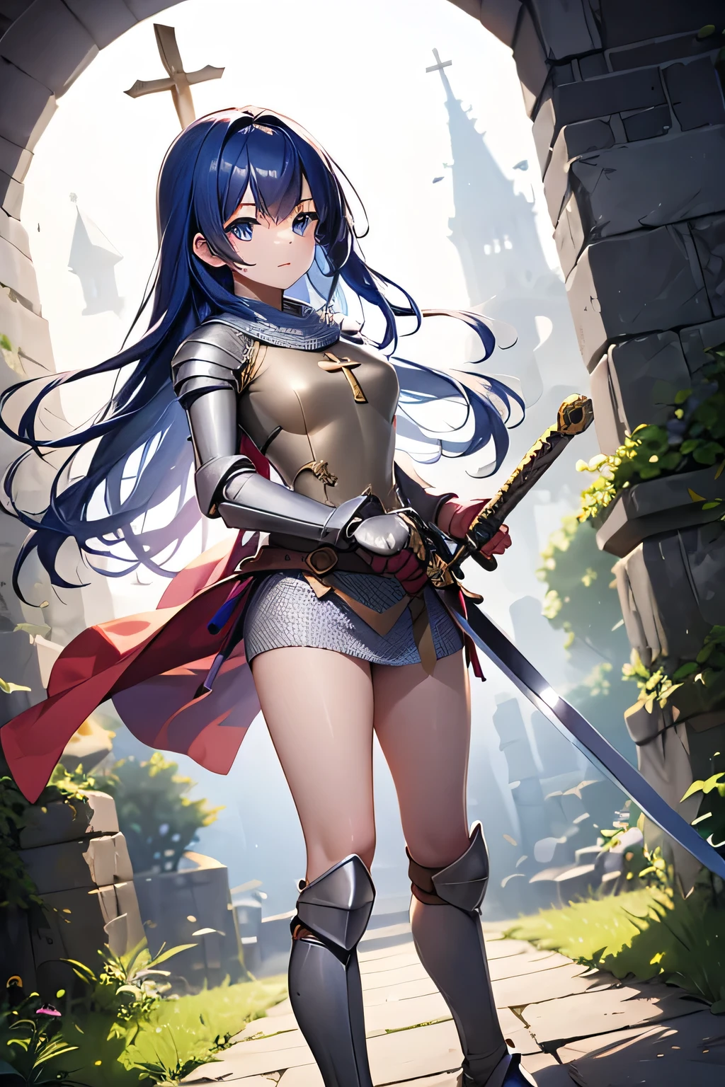 (((((middle age woman))))), masterpiece, ultra detailed, 8k portrait, RAW photo, portrait photography, highly detailed face, ((Fantasy)), 1 woman, (((female knight))), (((spread legs dynamic pose))), 33 years old, (((((shy woman))))), (((((tall))))), (((small eyes))), glasses, (((straight black long hair))), ((forehead)), (((white skin color))), (((navy blue armor and see-through extra short skirt))), (((yellow long cloak))) fluttering in the wind, (((high cut iron shoes))), (((equip a long sword and large shield))), Midday Sun, hyper realistic, Body model, Small breasts, Beautiful breasts, (big butt), (thick thighs), Long legs, in the medieval adventurer's guild, Ambient lighting, Shadow details , Camera focus on face, strong breeze, Light fog