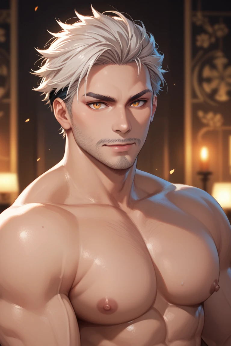 8k, Sophisticated, Elegant, Highly Detailed, Majestic, Digital photography, Surreal painting, magic, Sinuous Lightning, (Masterpiece, Side light, Lovely and beautiful eyes: 1.2), hdr, (Bright blue eyes)), Naked Upper body, (Shiny tattoo), Handsome guy, Long straight platinum hair, Muscular, tanned skin, Handsome, in front of the camera, A masterpiece